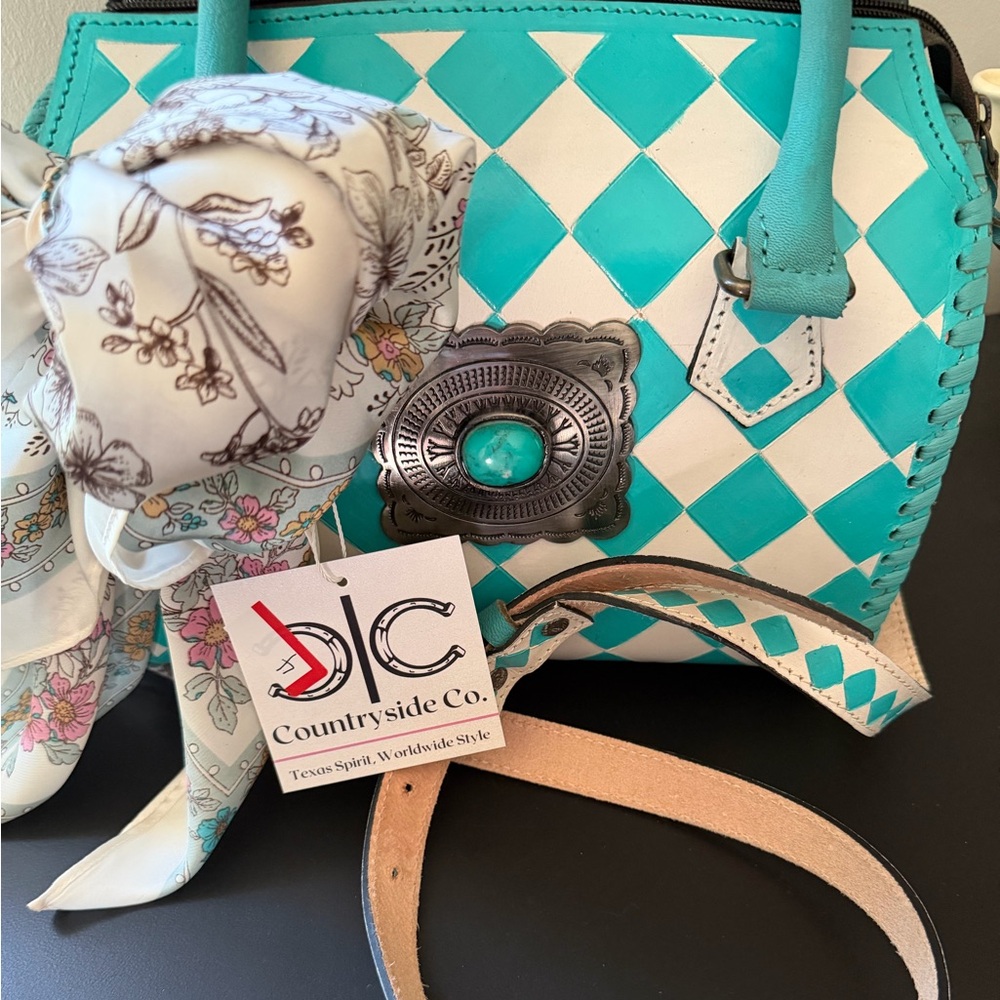Countryside Co. Turquoise & White Western Satchel Handbag w Concho & Scarf